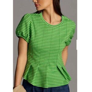 Maeve by Anthropologie Green and White Peplum Top X-Small